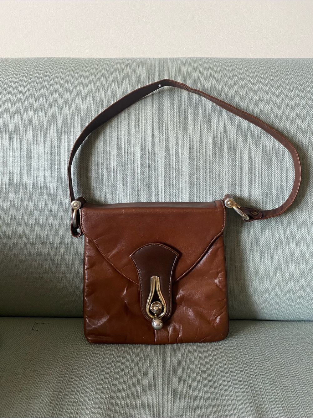 Vintage Triangle Brown Leather Crossbody Shoulder Bag